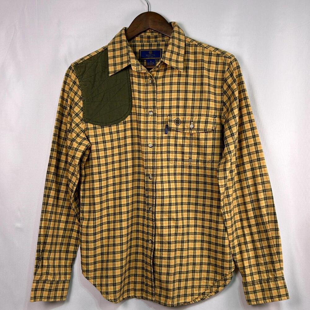 Beretta Womens Medium Plaid Shooting Shirt Yellow Cotton Hunting Button Up Macao